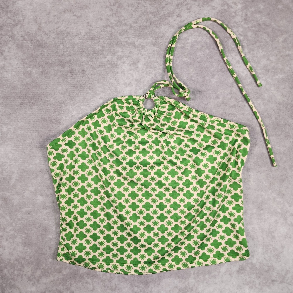 Gaze Womens Green Geometric Clover Print‎ O-Ring Halter Top Size M